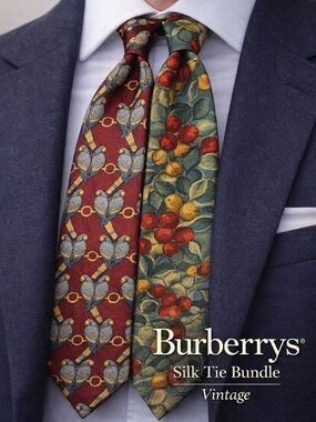 Burberrys Silk Tie Bundle 2 Novelty Bird ,Fruit Print Designer red green casual